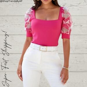 Boston Proper Floral Organza Sleeve Knit Top